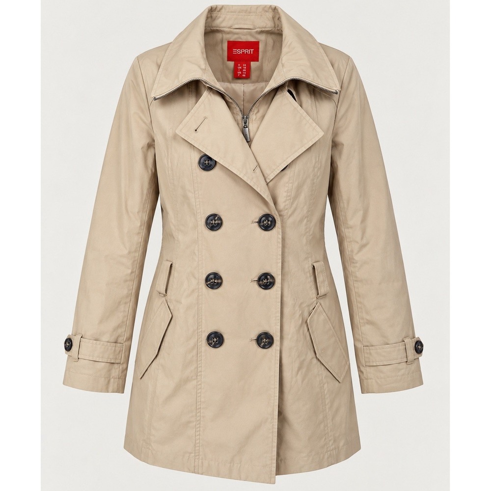 Esprit Trench Coat Women 14 Beige Double Breasted Zip Cotton Blend Jacket
